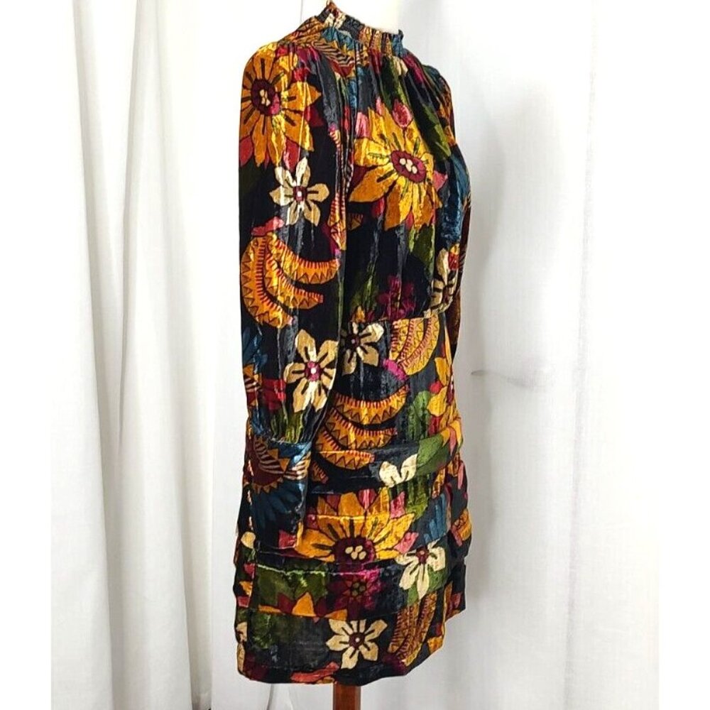 FARM Rio Macaw Ballet Velvet Mini Dress S Long Sleeve Party Floral High Neck - Picture 8 of 15